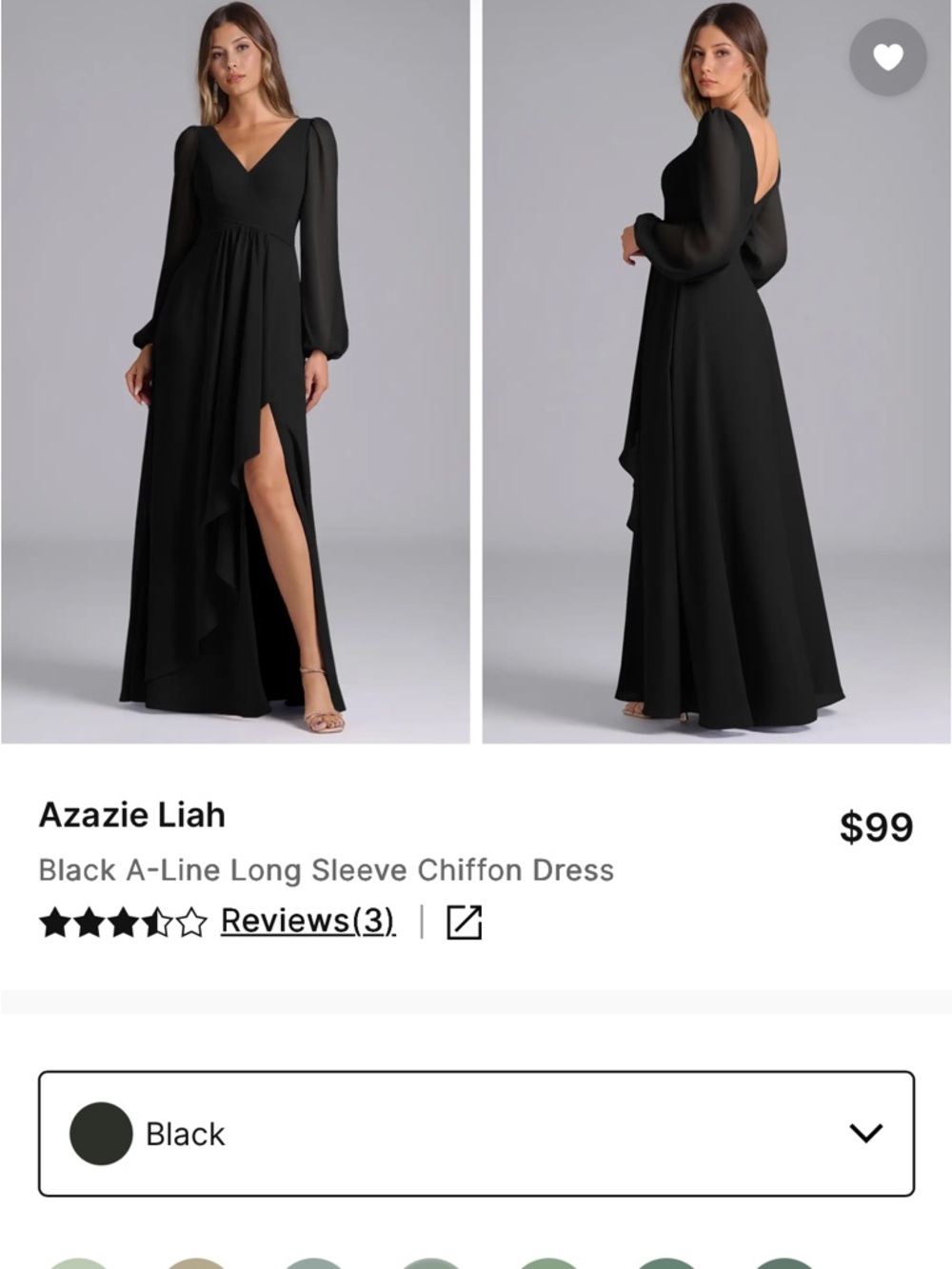 Azazie Liah Black A-Line Long Sleeve Chiffon Dress